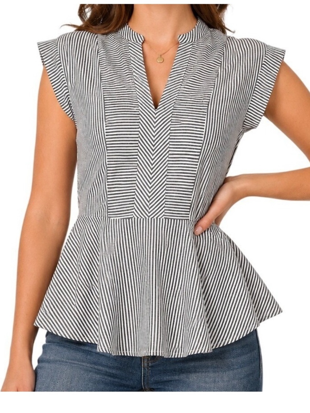 Monteau Striped V-Neck Peplum Top - Black and White